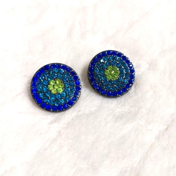 Vintage Sparkly Blue & Green Rhinestone Button Pierced Earrings - Picture 1 of 7